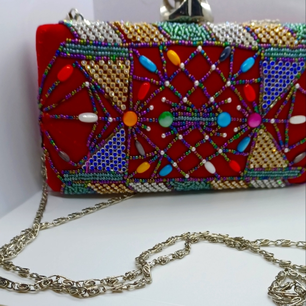 Red velour beaded clutch and lipstick holder.